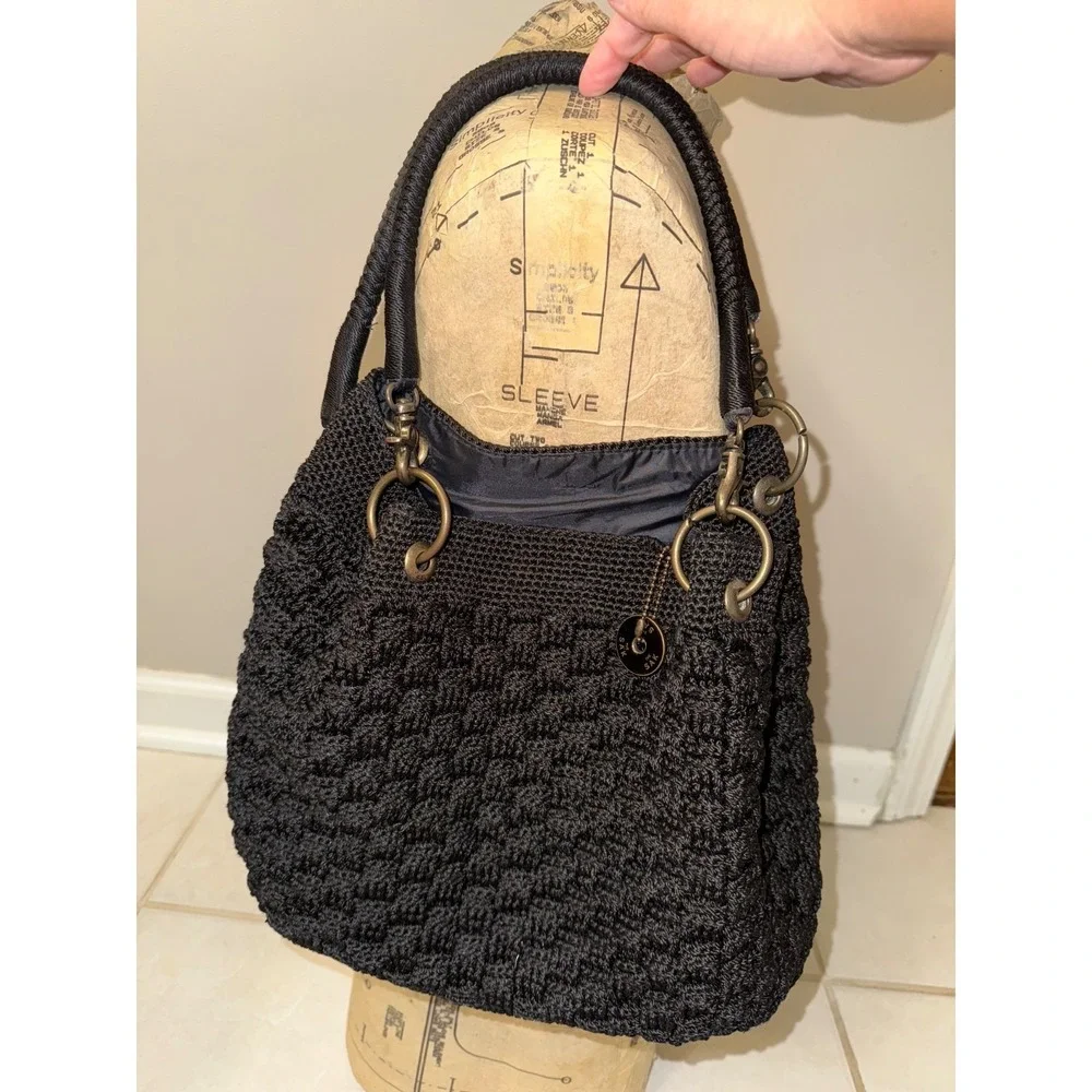 THE SAK Vintage Womens Black Woven Crochet Hobo Bag Purse Handbag
